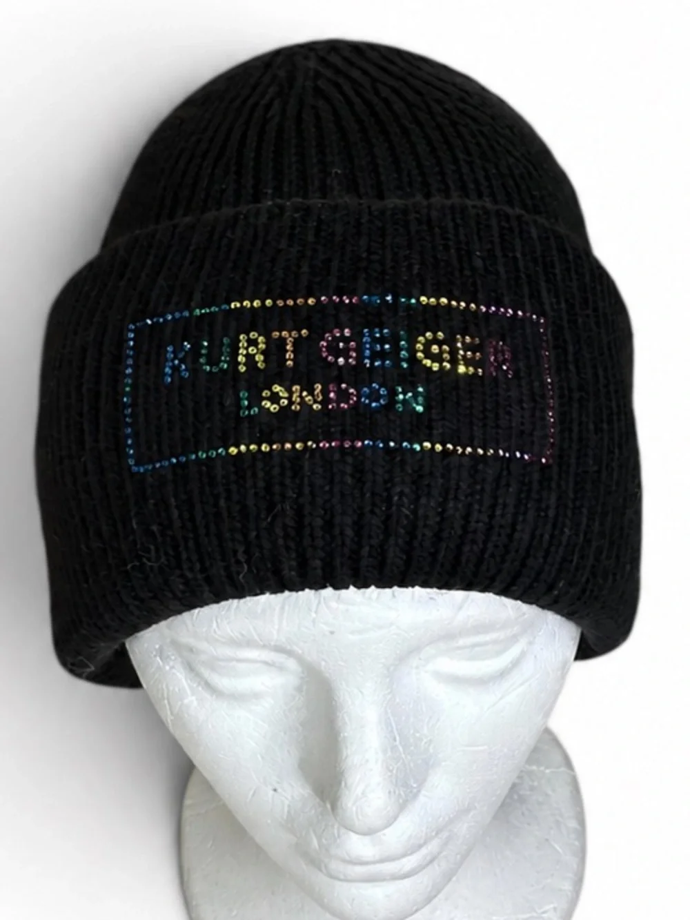 Kurt Geiger London Black Multi-Colored Crystal Logo Cuffed Ribbed Beanie NWOT